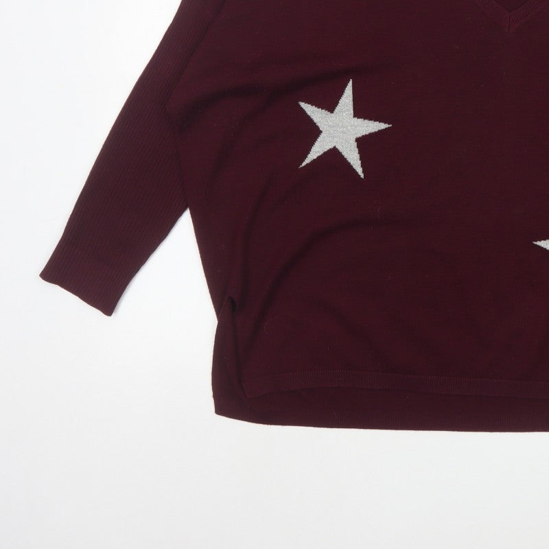 DKNY Jeans Women Red M V-Neck Star Knit Pullover Jumper