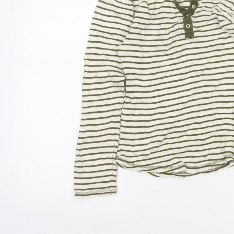 Marks and Spencer Women Green Striped UK 8 Long Sleeve Henley Jersey Top