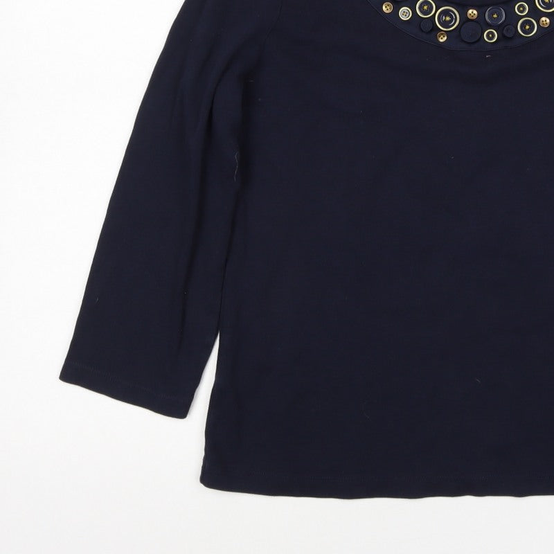 CC Women’s Navy Blue M Cotton Button Trim 3/4 Sleeve Blouse