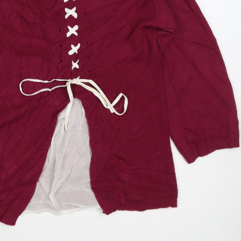 Stefanel Women Red M Linen Blend Lace-Up Asymmetric Cardigan