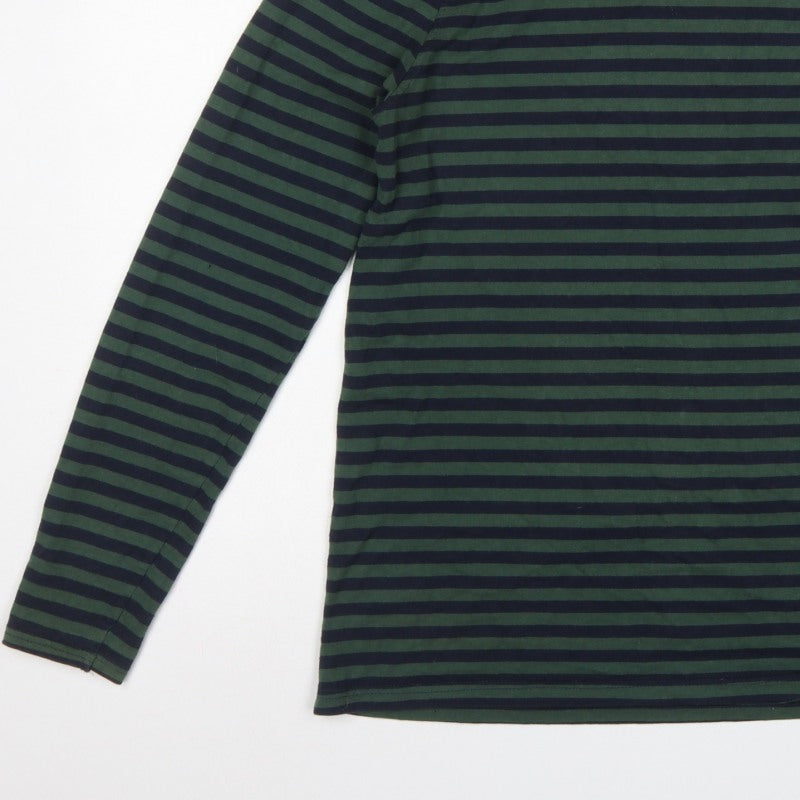 Folk Men's Green Navy Striped Long Sleeve Crew Neck T-Shirt Size M