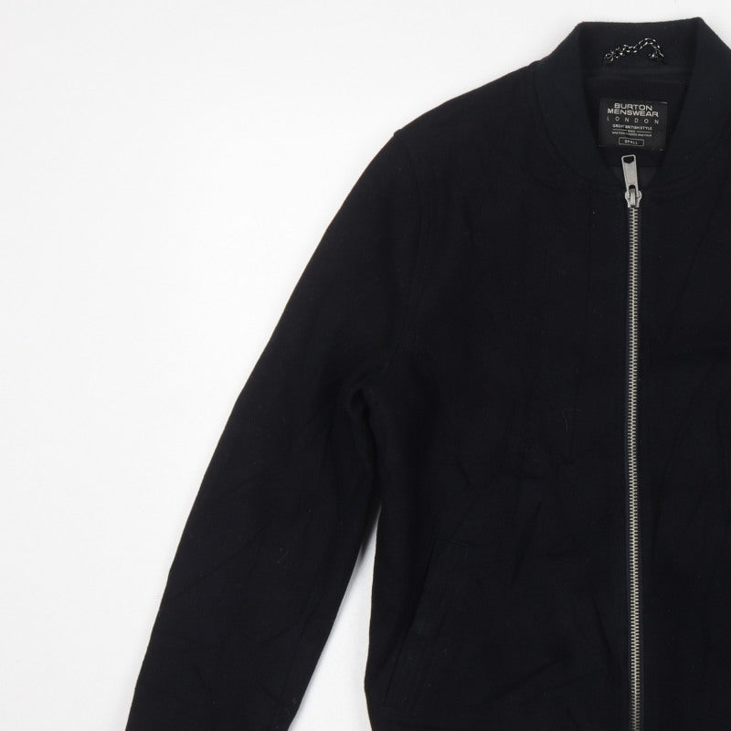 Burton Menswear Men’s Black Small Wool Blend Bomber Jacket Zip Pockets