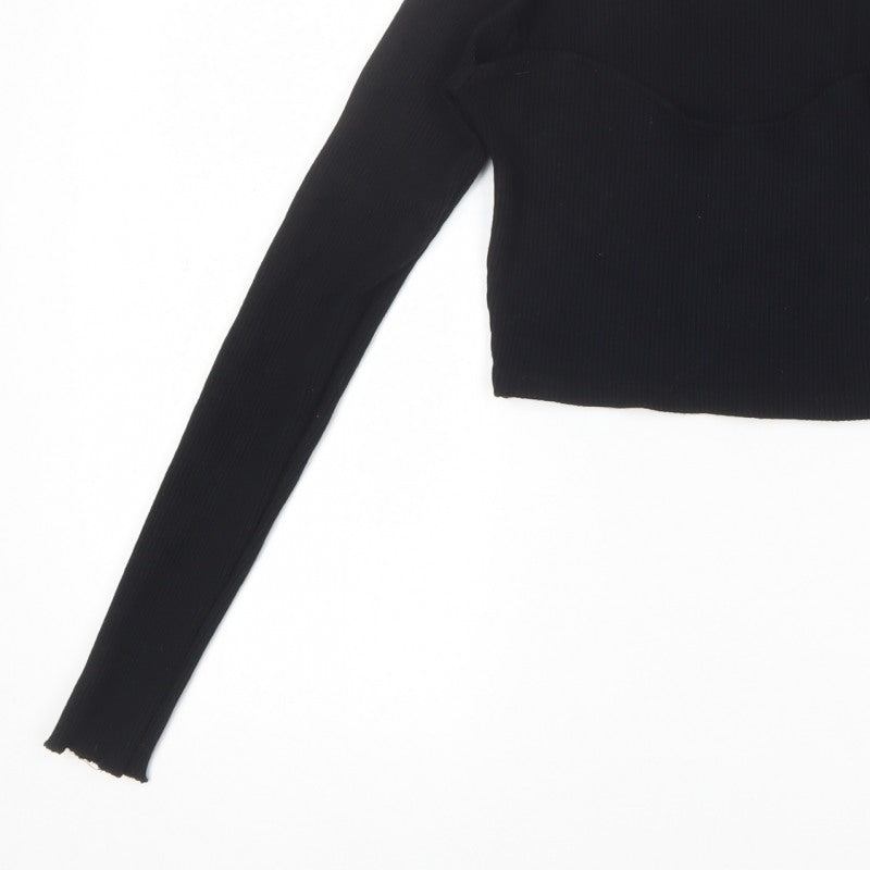 Pull&Bear Women Black S Cropped Rib Knit Sweetheart Long Sleeve Top