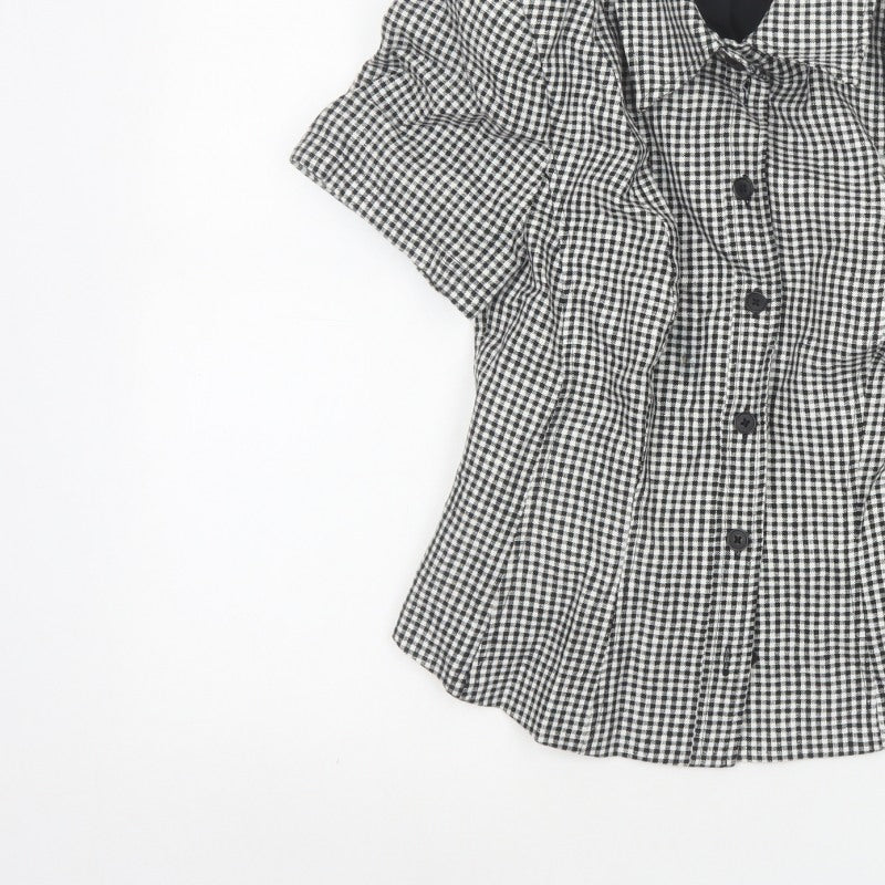 Marks & Spencer Women Black White UK 10 Check Ruffle Linen Blouse