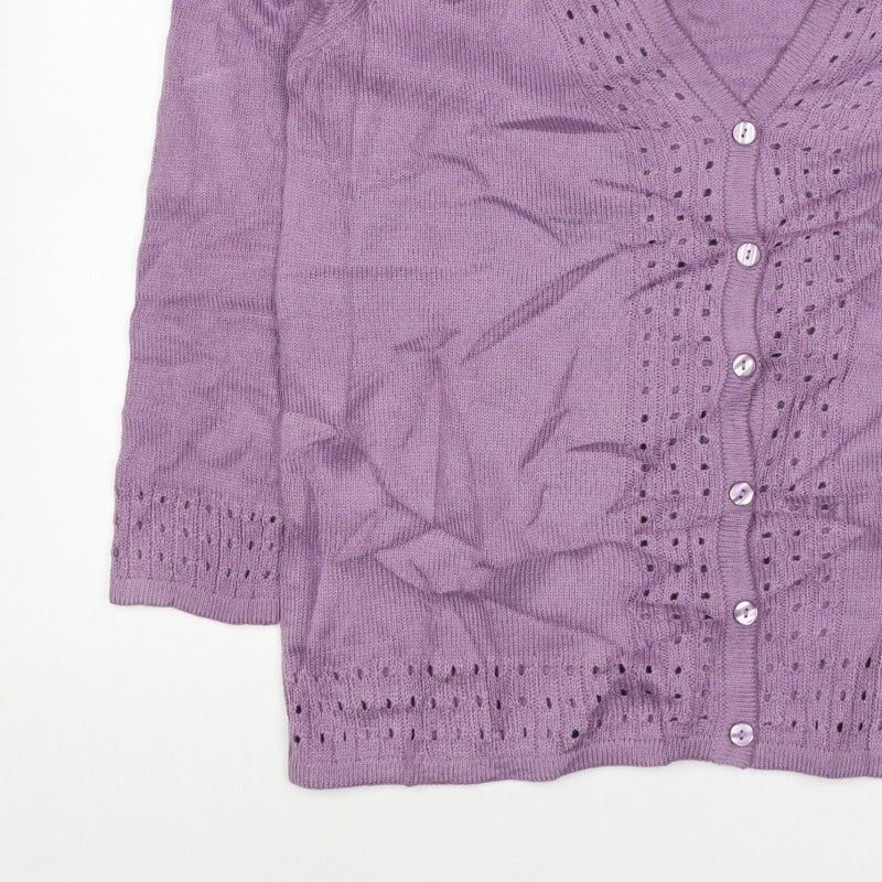 Damart Women Purple UK 20 V-Neck Button 3/4 Sleeve Cardigan