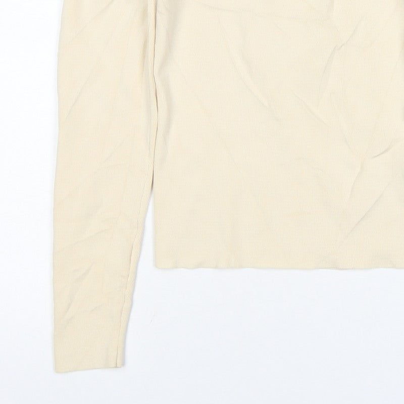 Zara Women Ivory M Knit High Neck Long Sleeve Zip Top