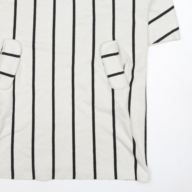 Zara Trafaluc Women Ivory Black Stripe Shift Dress M V-Neck Pockets