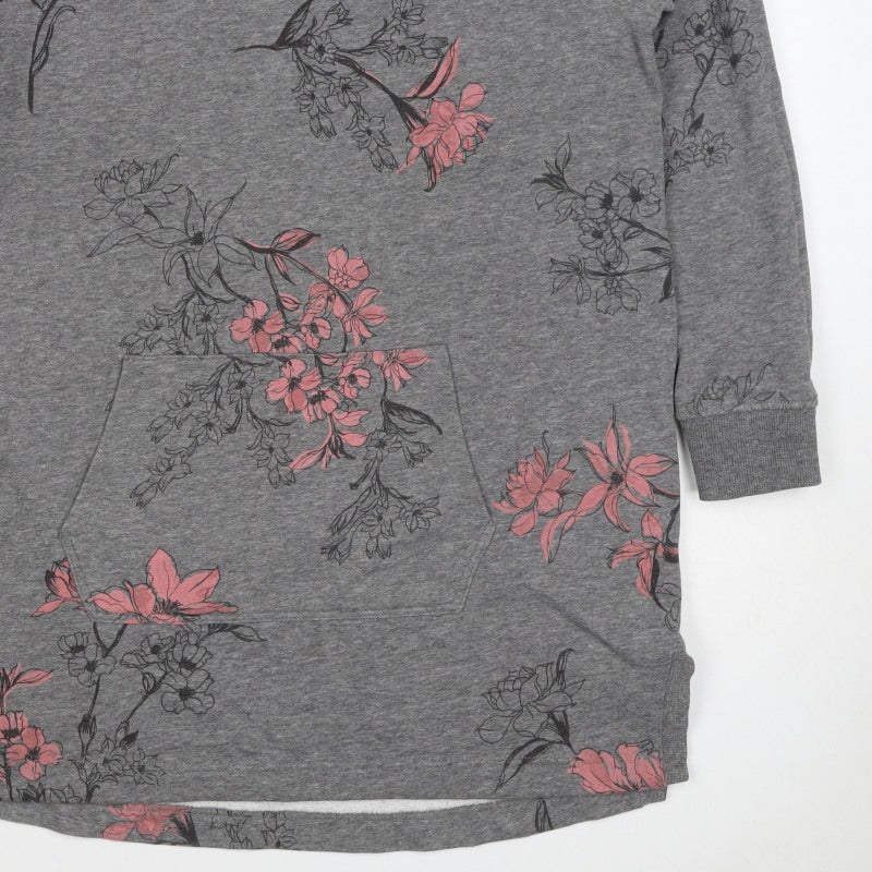 Next Women’s Grey Pink Floral Sweatshirt UK 16 L Kangaroo Pocket