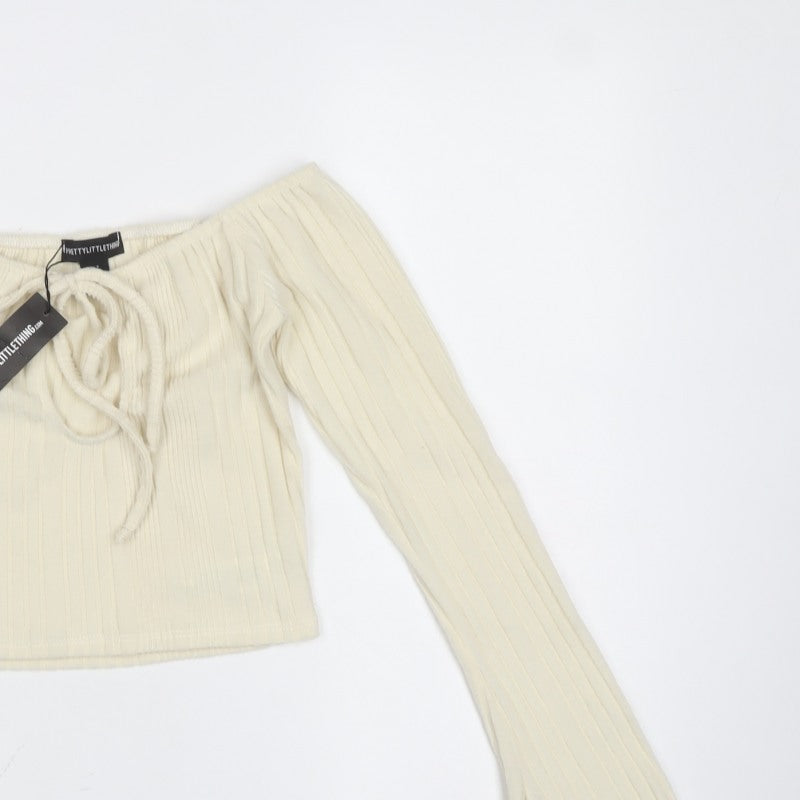 PrettyLittleThing Women Ivory UK 8 Cropped Off Shoulder Ribbed Top