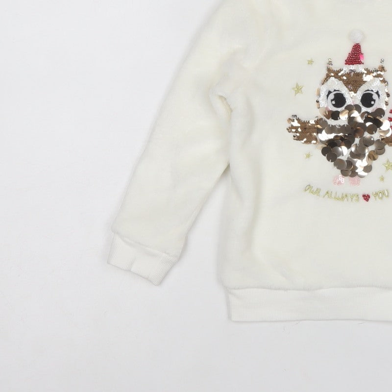 H&M Girls White 3-4 Years Pullover Sweatshirt Sequin Christmas Owl