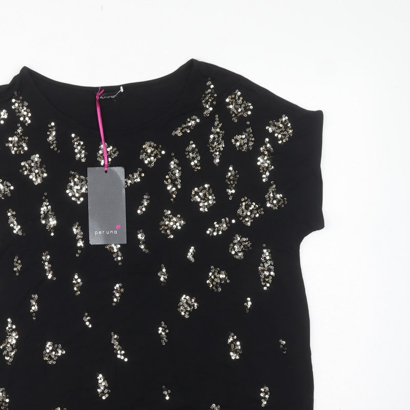 Autograph Women Black UK 18 Sequin Leopard Print Short Sleeve T-Shirt