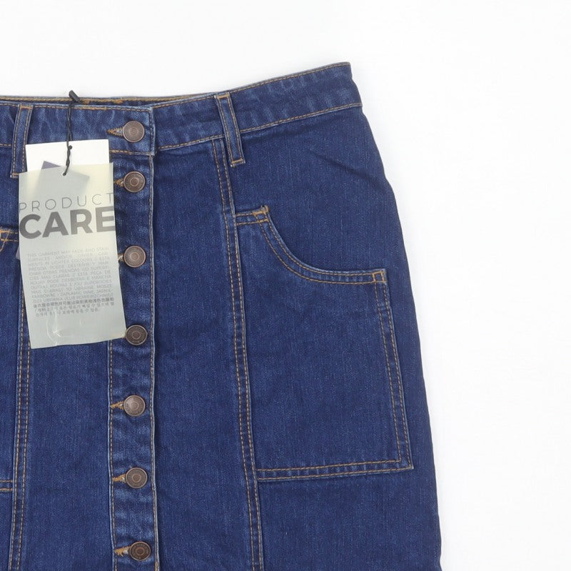 Stradivarius Women Blue Denim Mini Button Front Skirt UK 12 Cotton