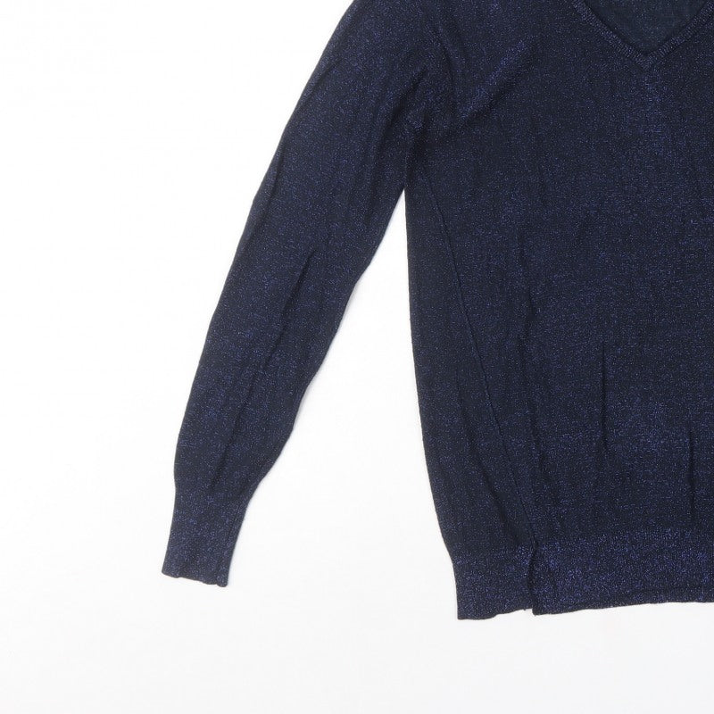 Next Women's Blue Size 6 Metallic V-Neck Knit Pullover Jumper