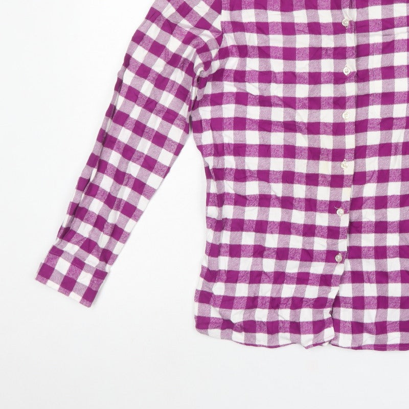 Lands' End Women Purple Check Cotton Flannel Button-Up Shirt S