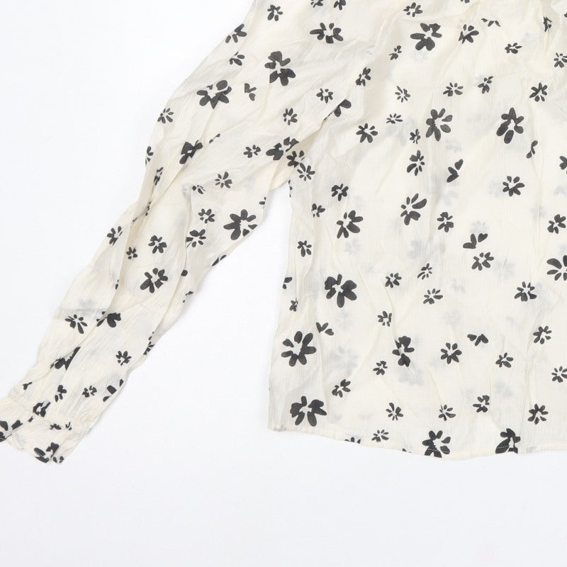 M&S Women’s Ivory Black Floral Sheer Balloon Sleeve Blouse UK 6