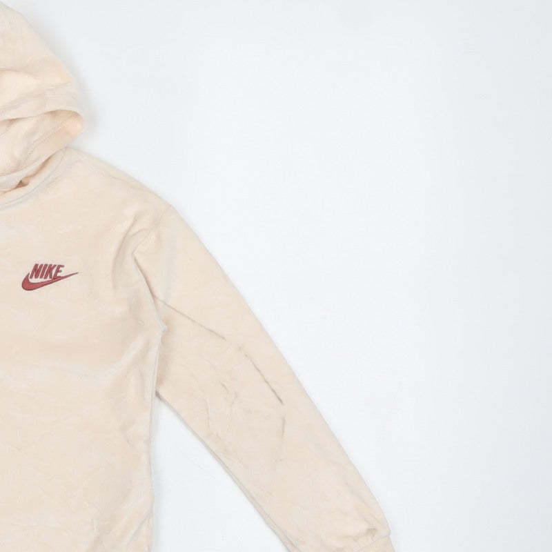 Nike Girls Ivory Velour Pullover Hoodie 5-6 Years Logo Long Sleeve