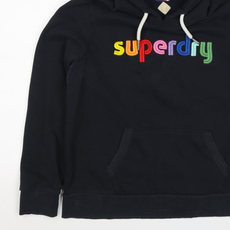 Superdry Women Black UK 16 Rainbow Embroidered Logo Pullover Hoodie