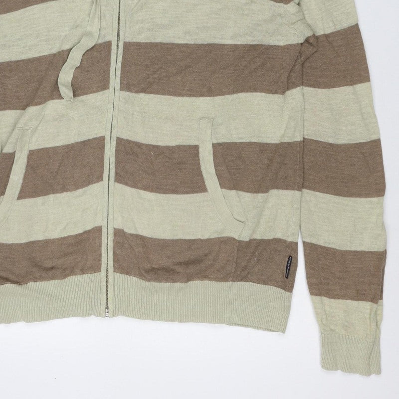 French Connection Men’s Beige Brown Stripe Linen Blend Zip Hoodie L