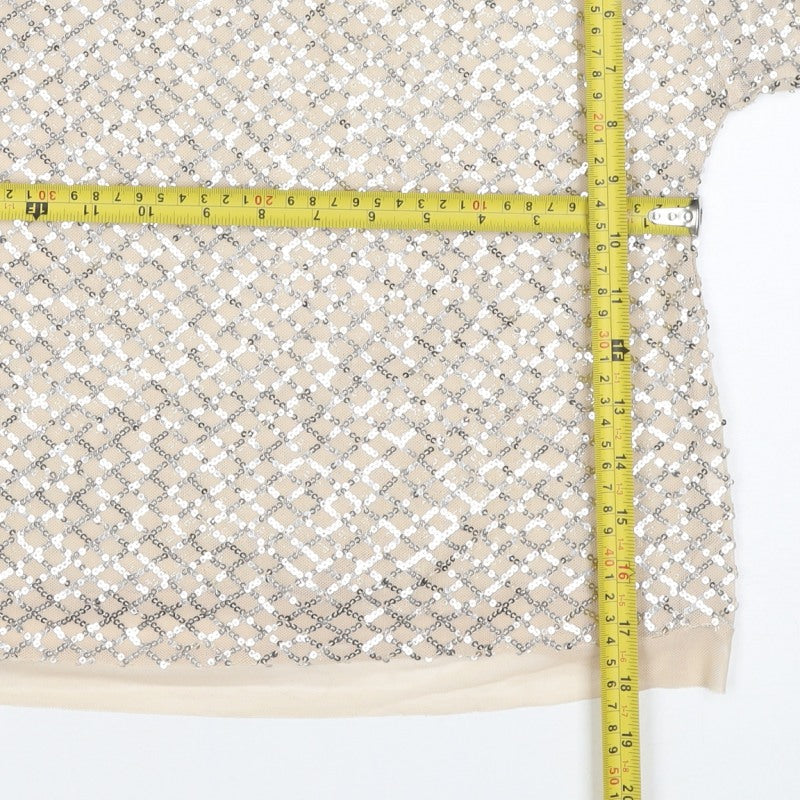 Next Women Beige Silver Sequin Geometric Short Sleeve T-Shirt UK 8