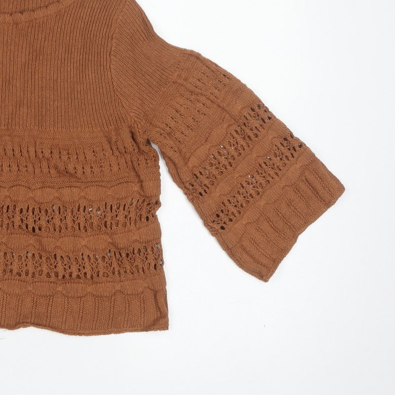 MNG Womens Brown M Open Knit Bell Sleeve Pullover Jumper