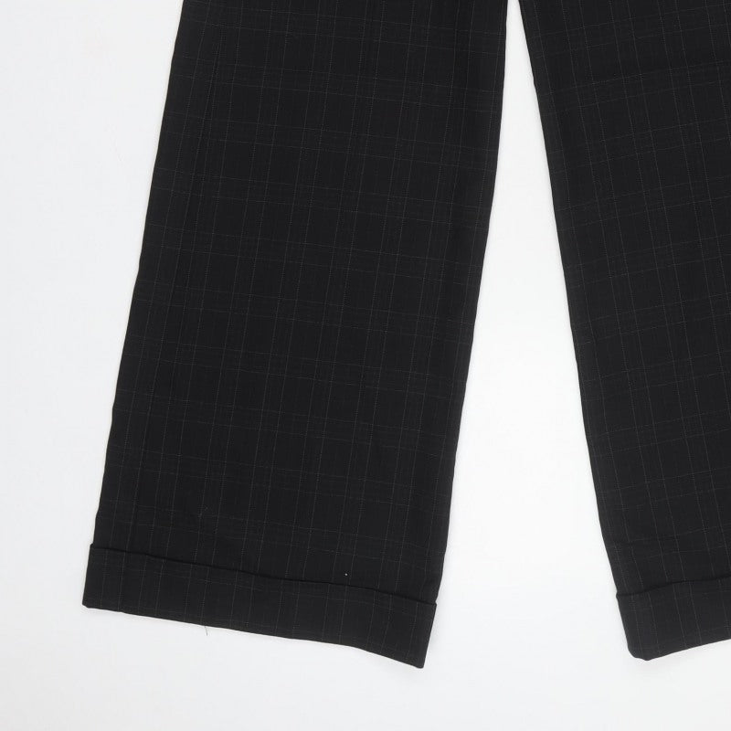 French Connection Women Black Check Wide-Leg Trousers UK 10 Lined