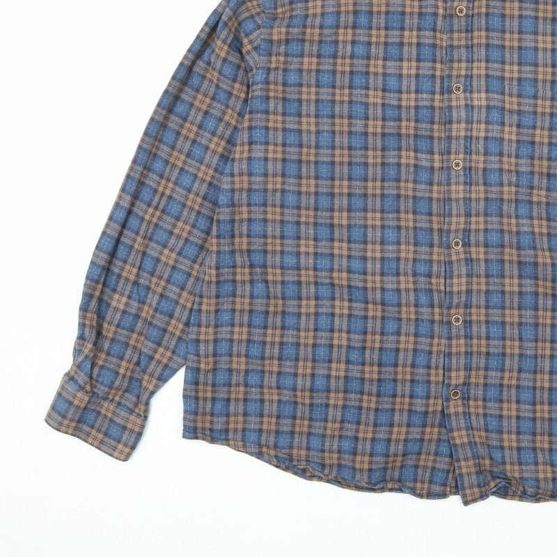 M&S Men Blue Brown Plaid Brushed Cotton Button Down Shirt 2XL Regular
