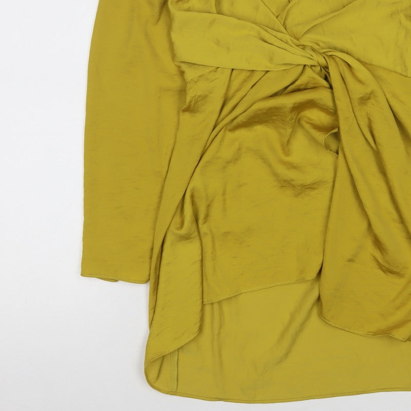 Missguided Women Yellow UK 10 Wrap Dress Long Sleeve V-Neck Party