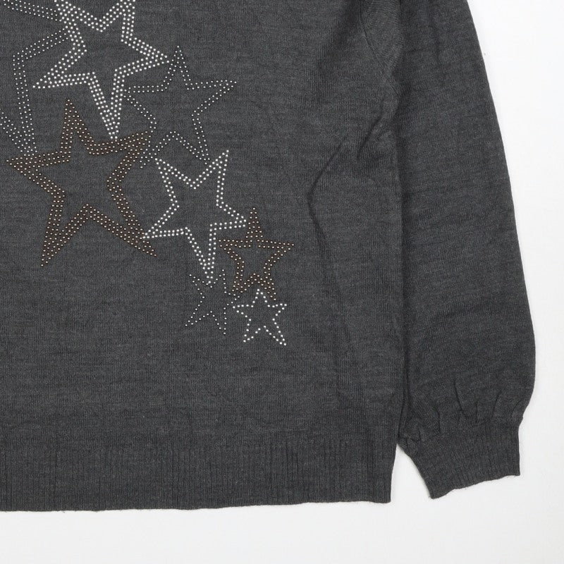 Next Women’s Grey Merino Wool Star Rhinestone Crew Neck Jumper Size S