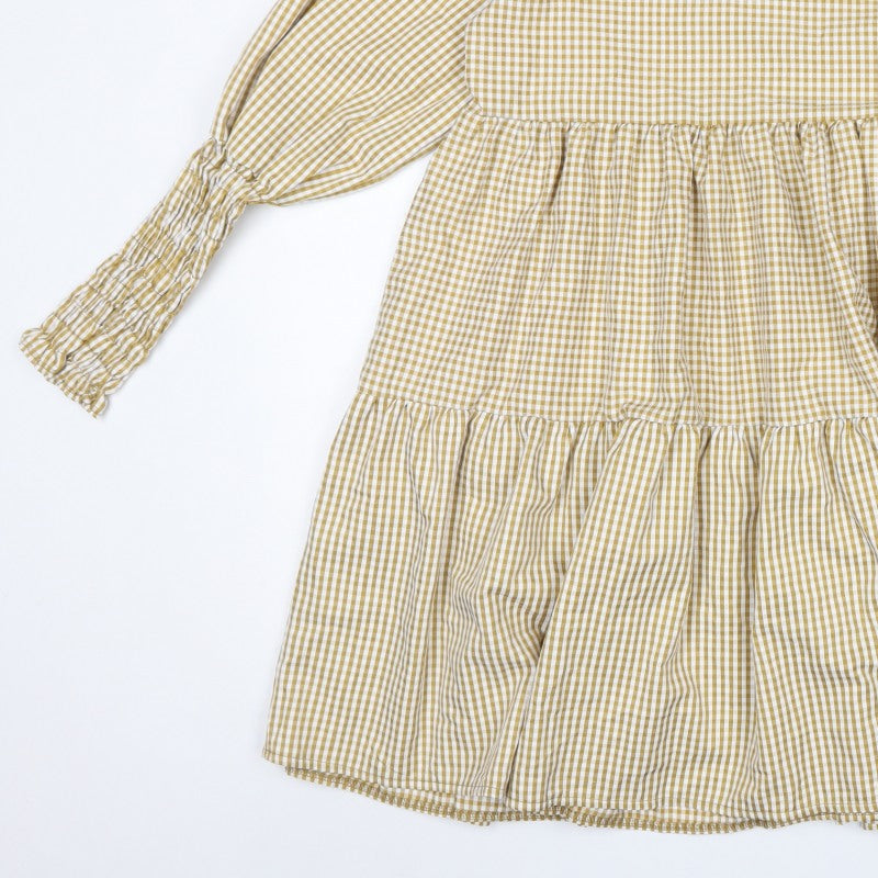Boohoo Women Beige Gingham UK 12 A-Line Tiered Knee Dress