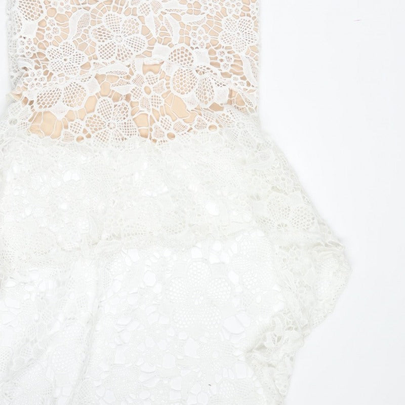 Quiz Women White Lace Halterneck Mermaid Hi-Low Dress UK 8