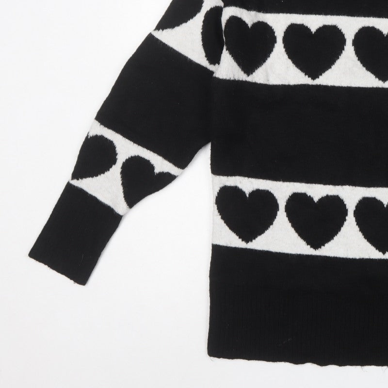 Next Women’s Black White Heart Knit Pullover Jumper Size 8 Crew Neck