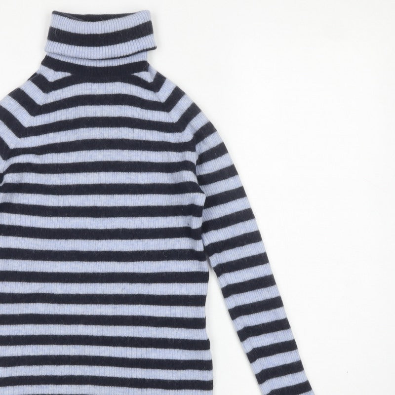 Hugo Boss Women’s Blue Black Striped Alpaca Roll Neck Jumper Size S