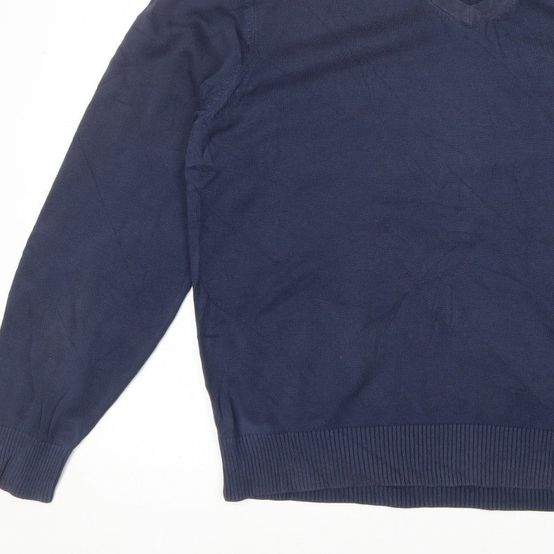 Lands' End Men Blue XL V-Neck Supima Cotton Knit Pullover Jumper