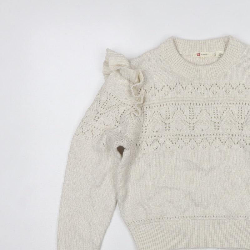 Levi's Women Ivory XS Ruffle Open Knit Crew Neck Jumper