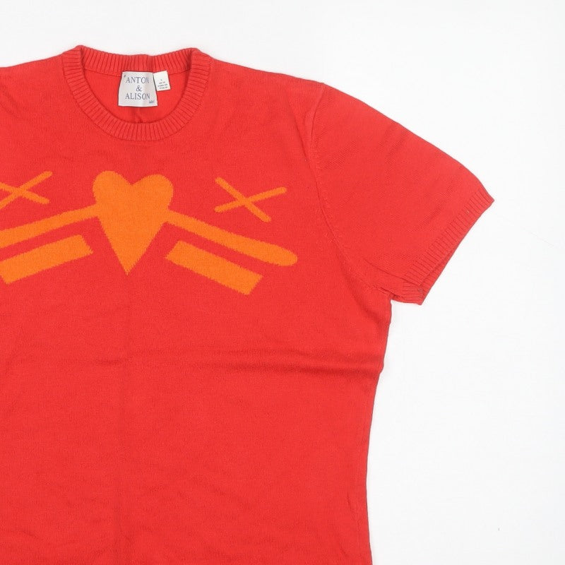 Antoni & Alison Women’s Red Orange Heart Knit Short Sleeve Jumper UK 14