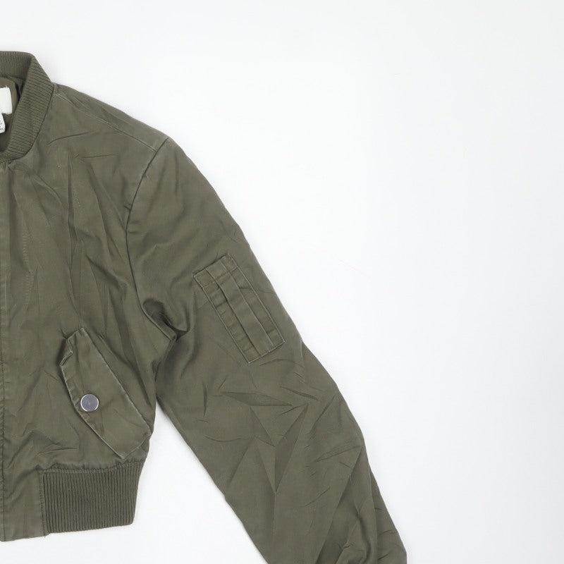 H&M Women Khaki Green UK 6 XS Cropped Bomber Jacket Full Zip