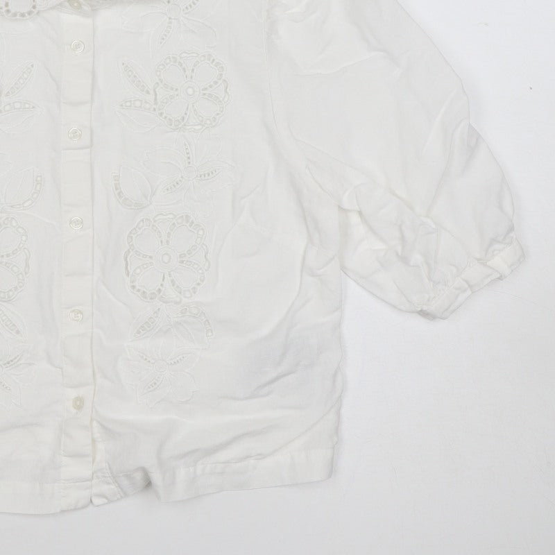 Marks & Spencer Women White Size 8 Floral Embroidered Button-Up Blouse