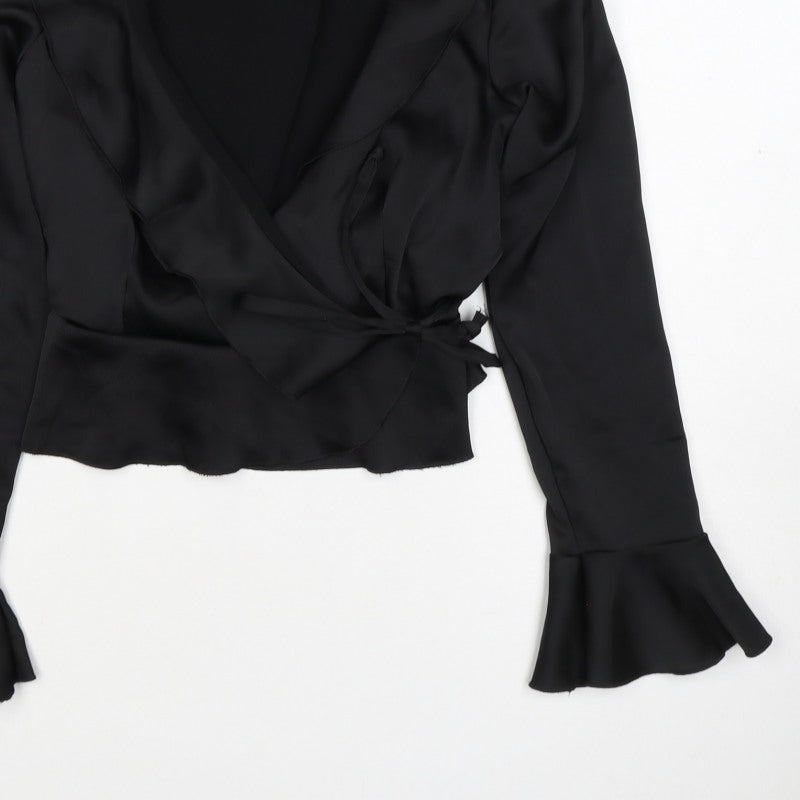 Boohoo Women’s Black Size 14 Satin Wrap Ruffle Flared Sleeve Blouse