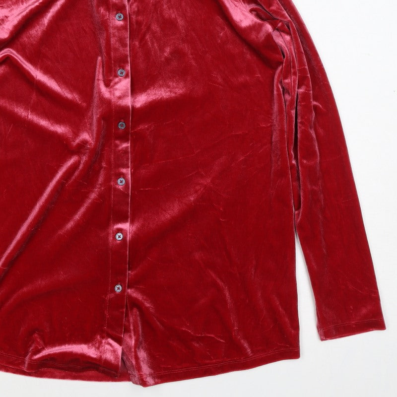 Lands' End Women Red S Velvet Button-Up Collared Long Sleeve Shirt