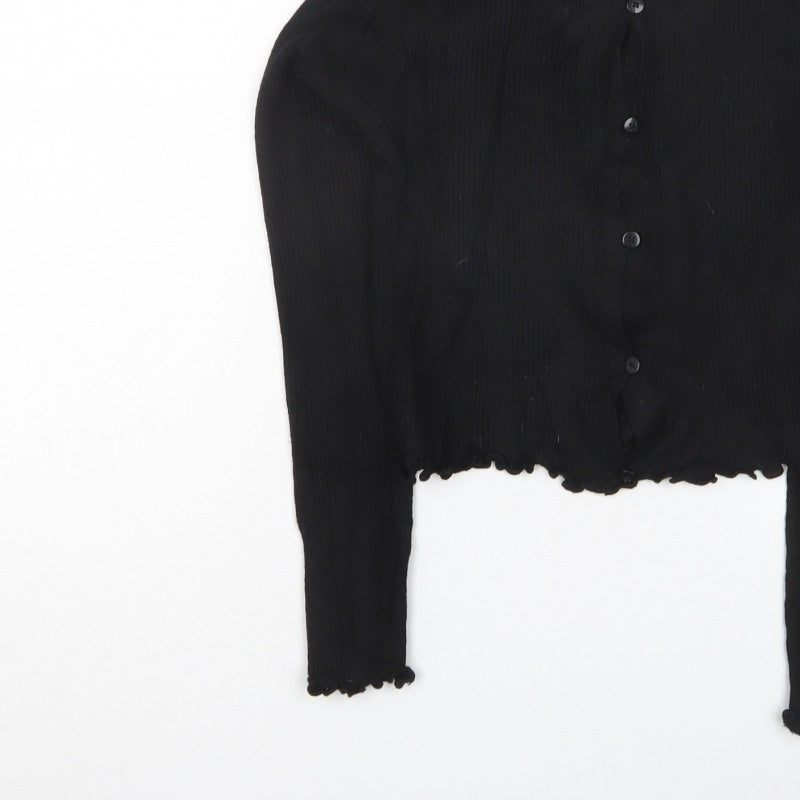 Pull&Bear Women Black S Rib Knit Button Cardigan Long Sleeve