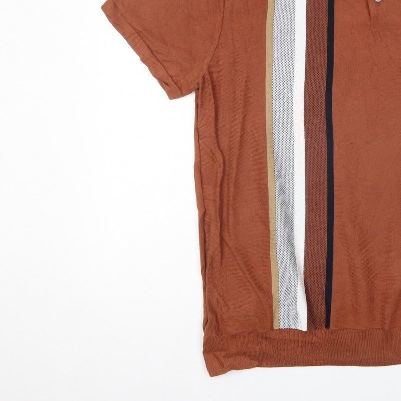 Next Men’s Brown Striped Knit Polo Shirt XL Short Sleeve Retro