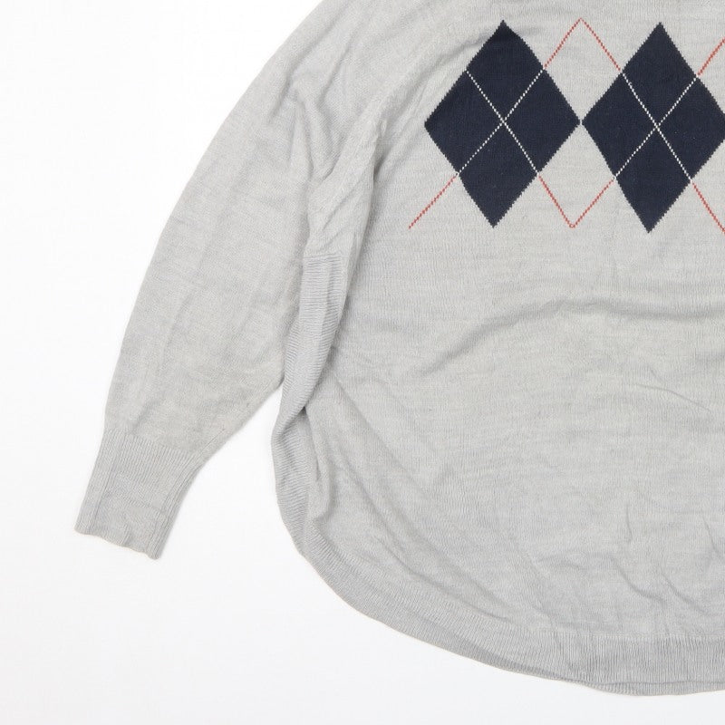 Marks & Spencer Women Grey XL Argyle Mock Neck Knit Jumper