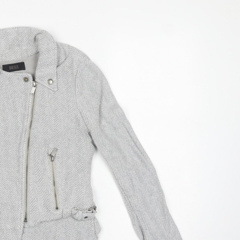 Diesel Women’s Grey Herringbone Biker Jacket Size S Cotton