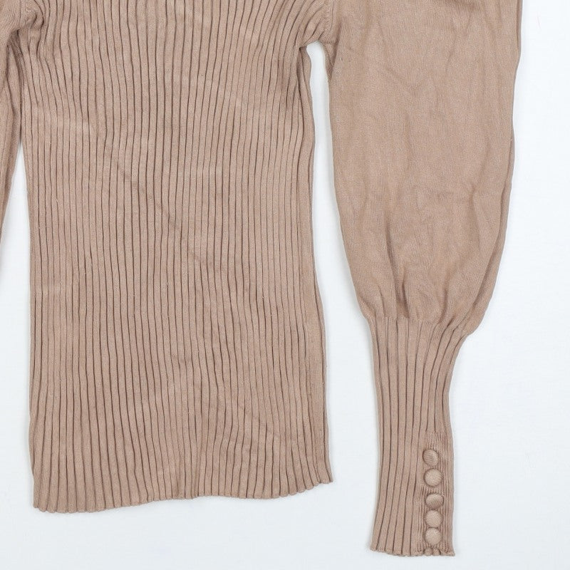 Quiz Women Brown L Ribbed Knit Square Neck Puff Sleeve Blouse