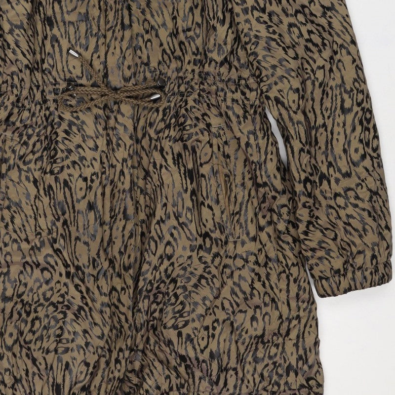 Jaeger Women Brown Animal Print Hooded Long Parka Jacket Size 8