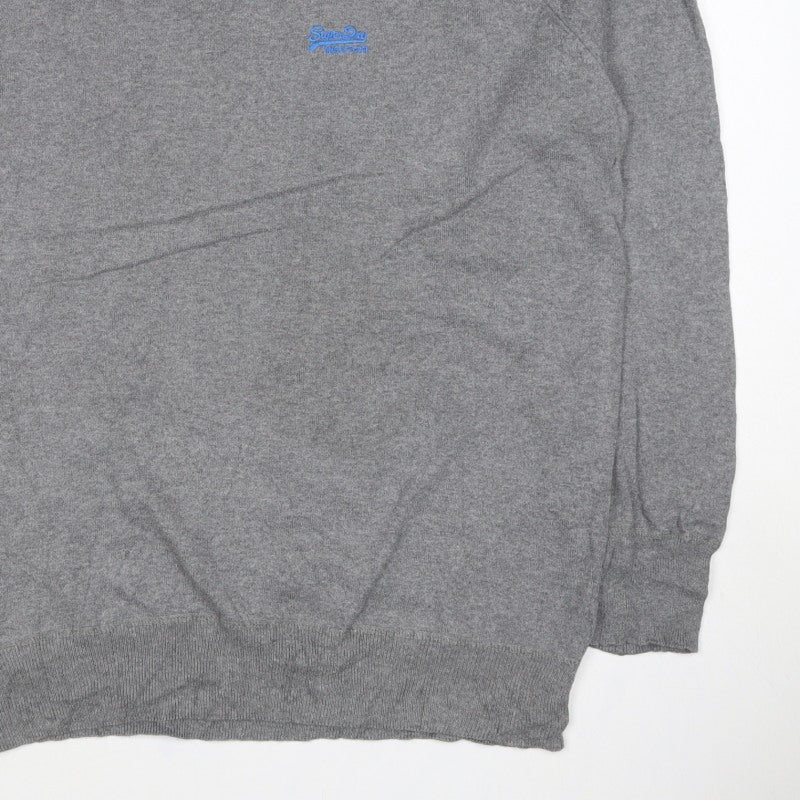 Superdry Men’s Grey 2XL V-Neck Cotton Knit Logo Pullover Jumper