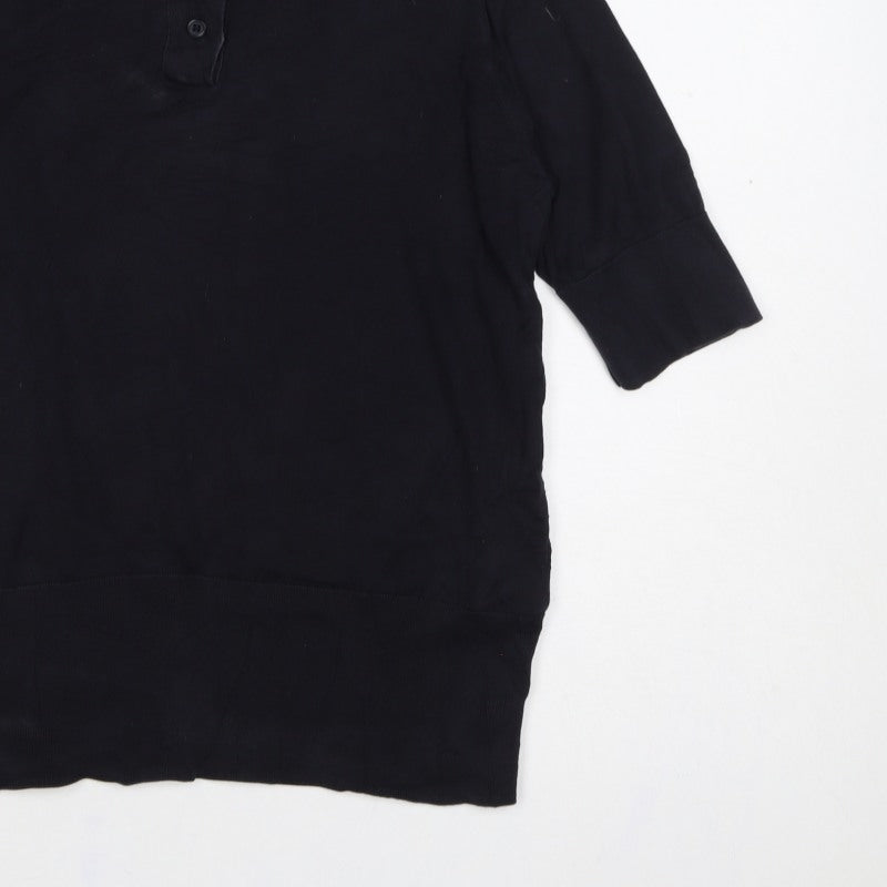 COS Women Black UK 14 Silk Cotton 3/4 Sleeve Basic Polo Top
