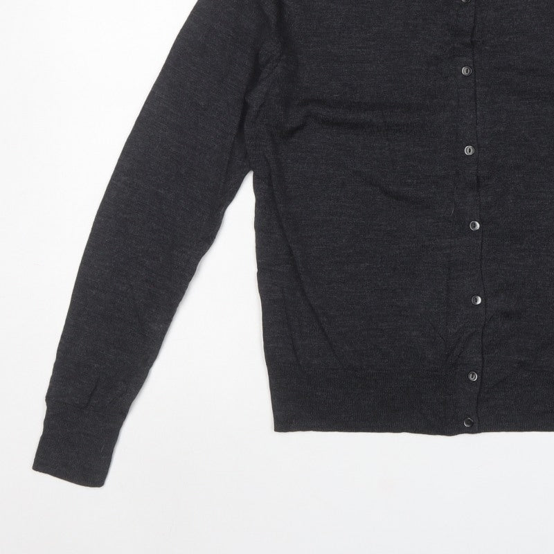 Uniqlo Women Grey L 100% Merino Wool Round Neck Button Cardigan