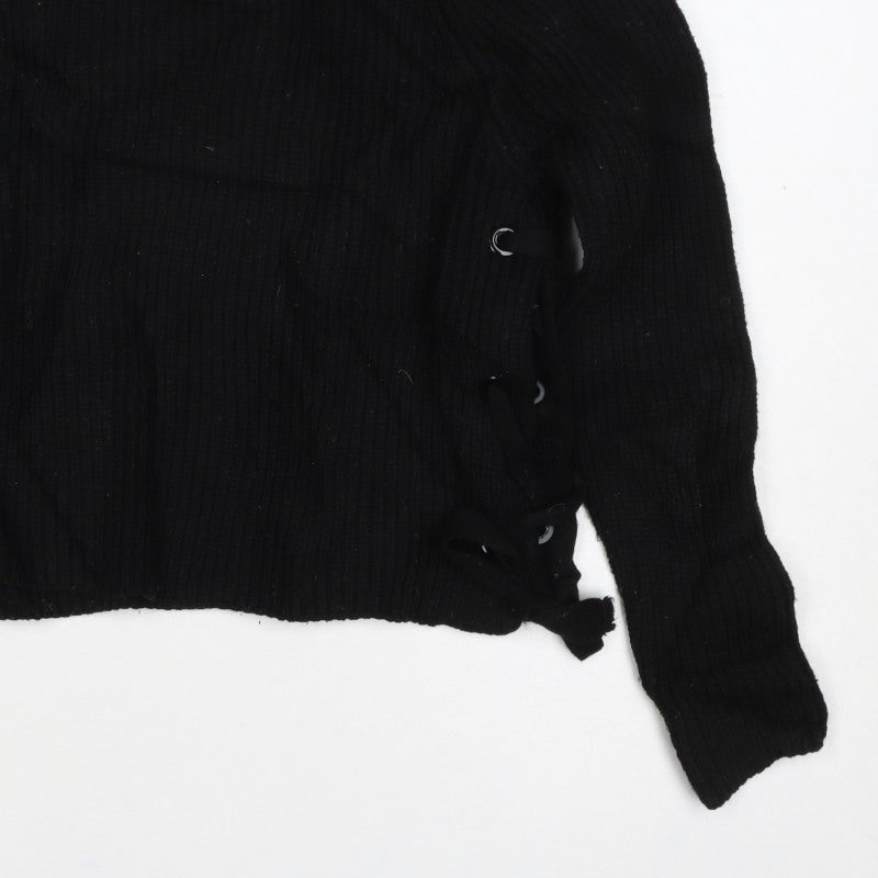Stradivarius Women Black UK 8 Rib Knit Lace-Up Side Pullover Jumper