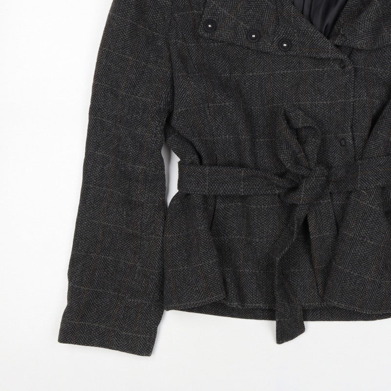 H&M Women’s Grey Wool Blend Belted Herringbone Check Jacket UK 18
